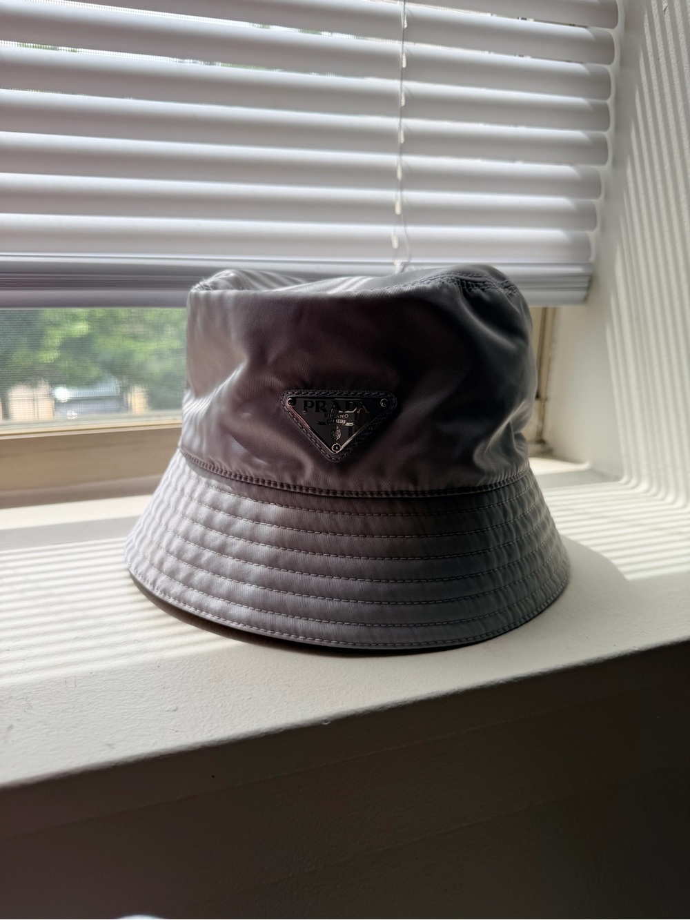 Prada Nylon Bucket Hat in Gray with Logo Tag